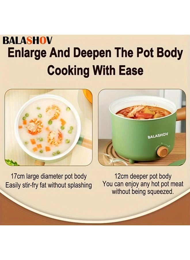 Green Electric Pot With Steamer 1 6L Non Stick Adjustable Power Ramen Cooker - Image 3